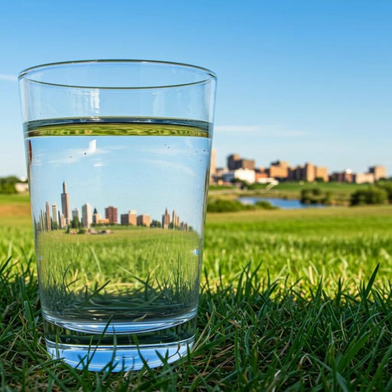 Clear glass of water in a scenic Fargo-Moorhead landscape representing water quality improvement