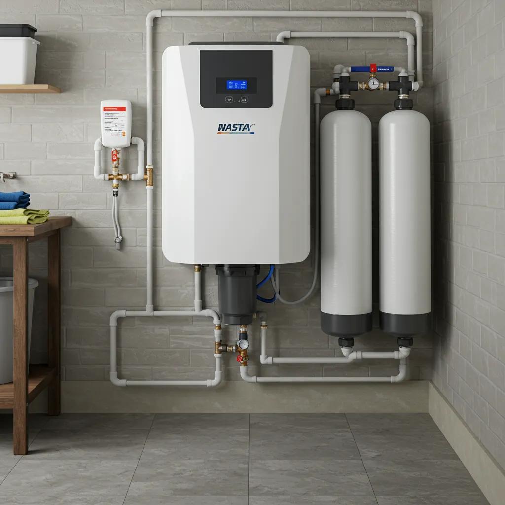 Sleek water softener system installed in a home's utility area, demonstrating effective hard water solutions