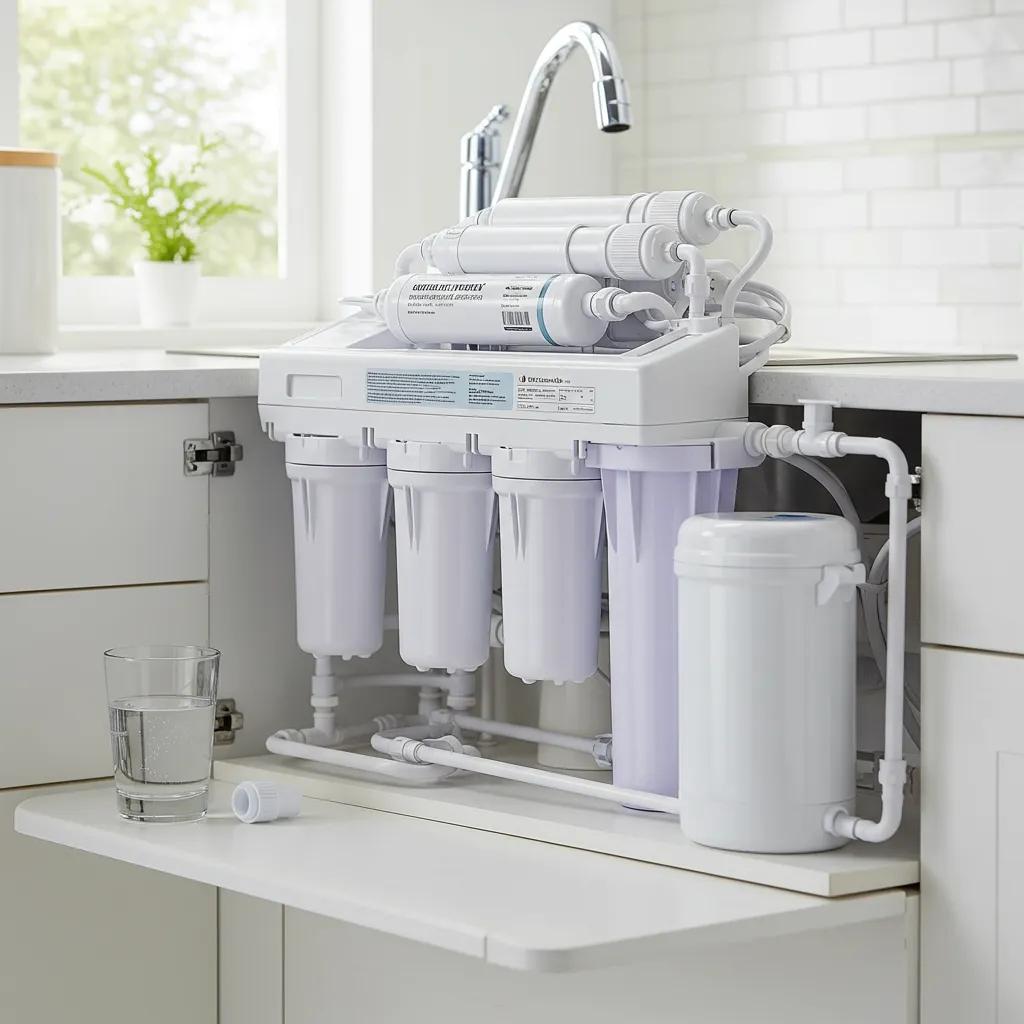 Under-sink reverse osmosis water filtration system in a kitchen, highlighting benefits for drinking water